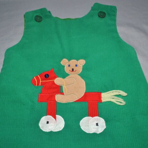 Vintage Corduroy Jumper Dress Size 2T Green w/ Teddy Bear & Toy Horse - Picture 5 of 9